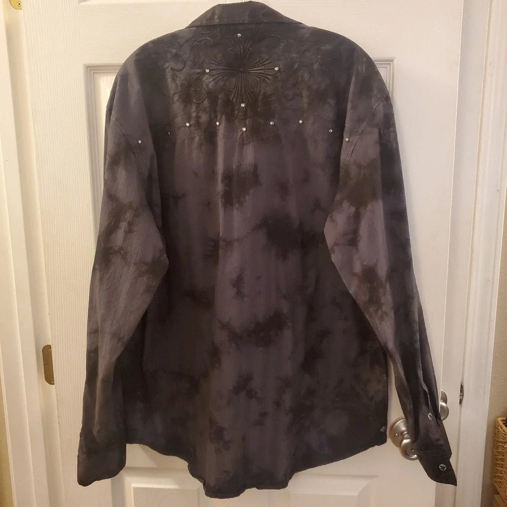 Affliction Gray/blk 2X Lng Slv Embroidery‎ ButtnUp Shirt Studs Goth Grunge Biker